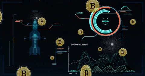 Rocket launch animation with Bitcoin symbols and energy data visualization Stock Footage 304764682