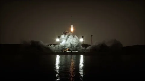 Rocket launch animation. Space launch system. Night. Realistic 4k animation. Video stock 84183067