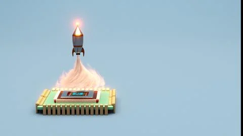 Rocket launch from artificial intelligence chip on circuit board with smoke Stock Photos