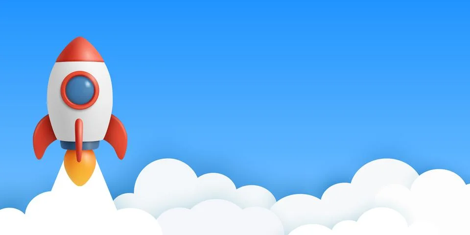 Rocket Launch Banner with Copy Space, Vector 3d Minimal Banner. Startup Space 스톡 일러스트