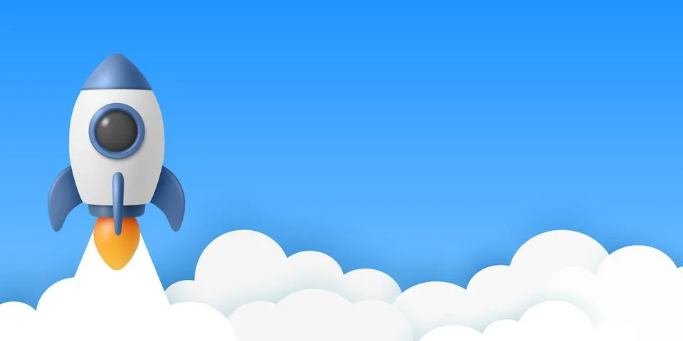 Rocket Launch Banner with Copy Space, Vector 3d Minimal Banner. Startup Space Stock Illustration