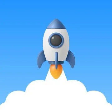 Rocket Launch Banner with Copy Space, Vector 3d Minimal Square Banner. Startup Stock Illustration