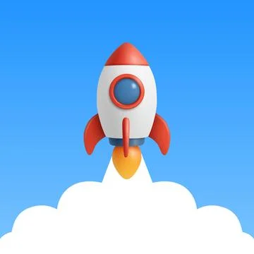 Rocket Launch Banner with Copy Space, Vector 3d Minimal Square Banner. Startup Stock Illustration