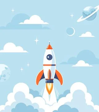 Rocket launch with blue cloudy sky on background, flat vector illustration Stock Illustration