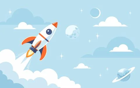 Rocket launch with blue sky on background, flat vector illustration Stock Illustration