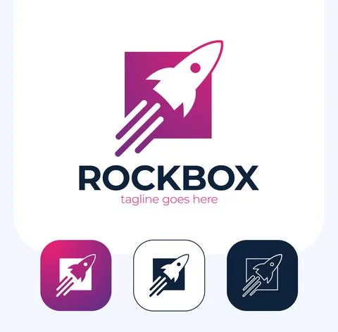 Rocket launch box logo design vector template. Start up logotype, Think outsi Stock Illustration