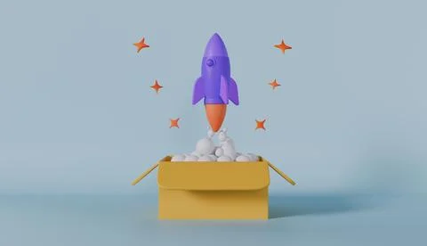 Rocket launch in box on pastel color background Stock Photos