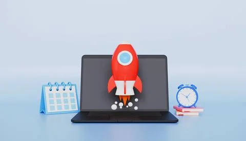 Rocket launch business start up, mission started, laptop with rocket launch Stock Illustration
