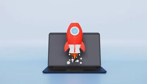 Rocket launch business start up, mission started, laptop with rocket launch Stock Illustration