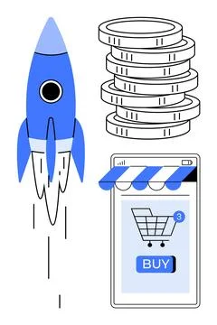 Rocket Launch, Coin Stack, and Online Shopping Key Elements of E-commerce a.. Stockillustratie