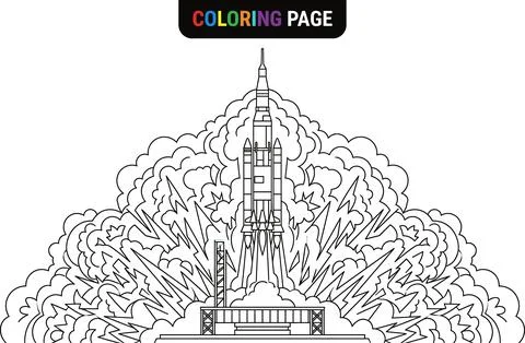 Rocket Launch Coloring Page with Explosive Smoke and Flames. Illustrazione stock