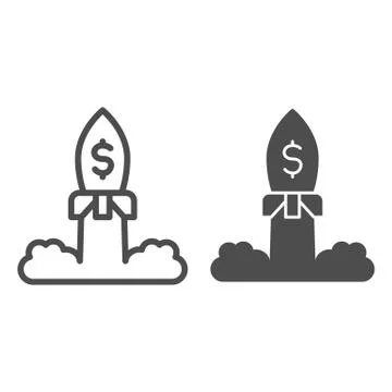 Rocket launch with dollar line and solid icon. Space ship, business project Ilustración de archivo