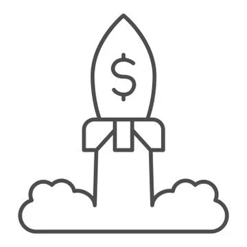 Rocket launch with dollar thin line icon. Space ship, business project startup Ilustração Stock