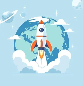 Rocket launch with Earth globe and blue sky on background Stock Illustration