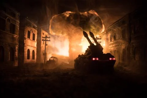 Rocket launch with fire clouds. Battle scene with rocket Missiles with Warhea Stock Photos