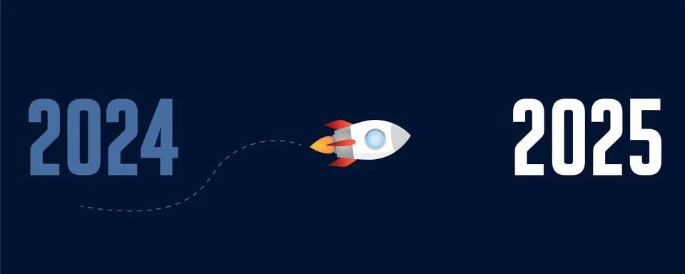 Rocket launch flight from 2024 into the next year 2025 Stock Illustration