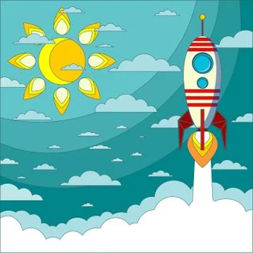 Rocket launch flying to the blue sky and clouds as paper art, craft style and Stock Illustration