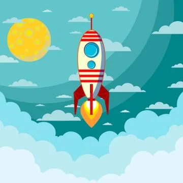 Rocket launch flying to the blue sky and clouds as paper art, craft style and Stock Illustration