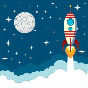 Rocket launch flying to the blue sky and clouds as paper art, craft style and Stock Illustration