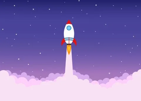 Rocket launch flying over cloud in sky - concept of business start up banner Stock Illustration