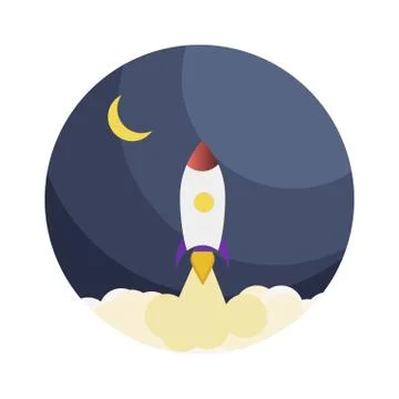 Rocket launch to galaxy icon in flat style. Business startup concept Stock Illustration