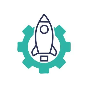 Rocket launch gear. Rocket taking off within a gear, symbolizing progress a.. Stock Illustration