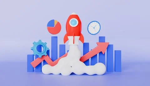 Rocket launch with a graph and upward arrow, a clock, statistics and a gear Stock Illustration