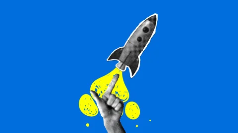 Rocket launch. Halftone hand pushes the rocket. Startup idea Stock Footage 332150988