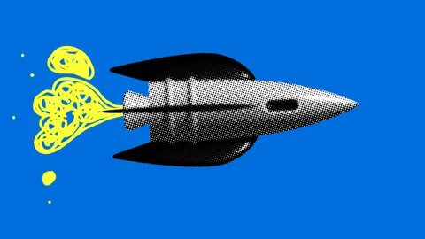 Rocket launch. Halftone rocket ship flies. Success concept. Modern collage Stock Footage 330608280