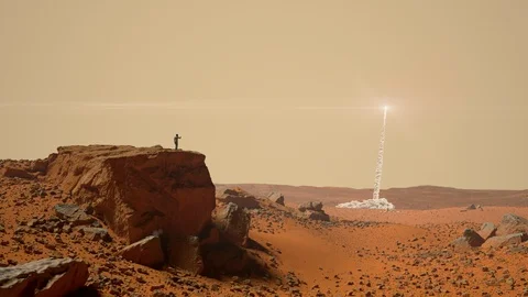 Rocket launch from a human settlement on the surface of Mars - 3D render Stock Footage 124244275
