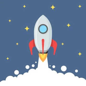 Rocket launch icon in flat style. Space ship vector illustration on isolate.. Stock Illustration