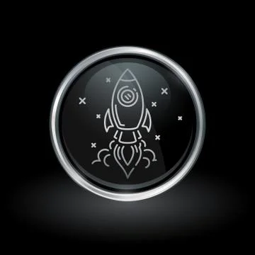 Rocket launch icon inside round silver and black emblem Stock Illustration