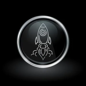 Rocket launch icon inside round silver and black emblem Stock Illustration