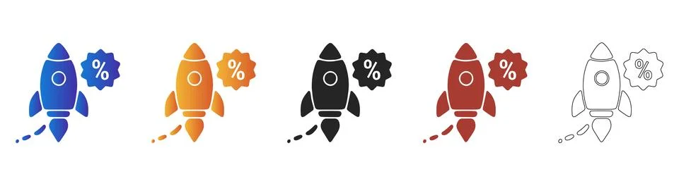 Rocket launch icon set with percentage discount tags Illustrazione stock