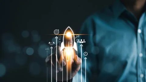 Rocket launch icon soars with speed to hit the growth target. Stock Photos