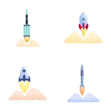 Rocket launch icons set cartoon vector. Spacecraft launch and fire flame 스톡 일러스트