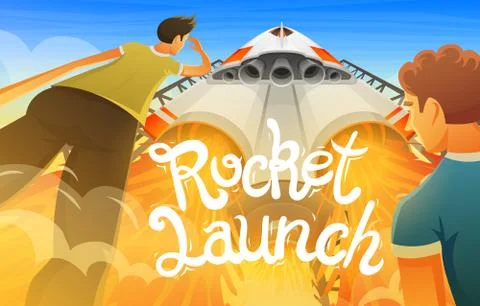 Rocket launch. International spaceship, shuttle in space, bottom view Stock Illustration