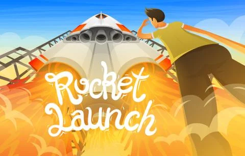 Rocket launch. International spaceship, shuttle in space, bottom view Stock Illustration