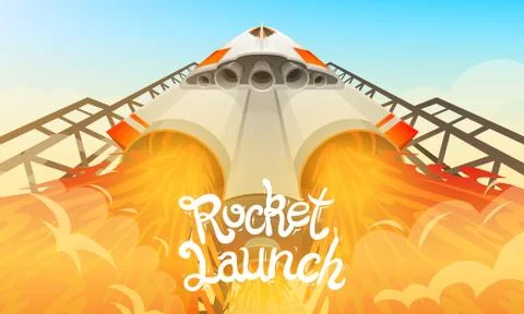 Rocket launch. International spaceship, shuttle in space, bottom view Stock Illustration