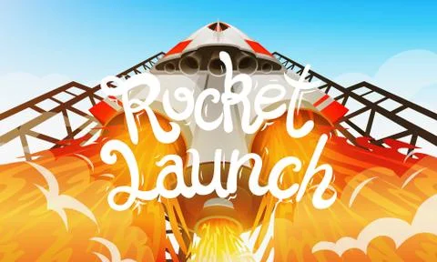 Rocket launch. International spaceship, shuttle in space, bottom view Stock Illustration