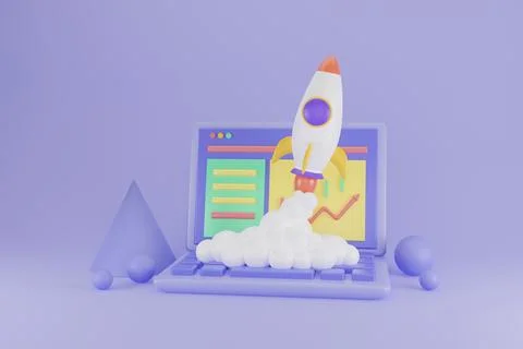 Rocket launch on laptop, flying rocket icon, business startup project concept Stock Illustration