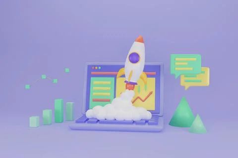 Rocket launch on laptop, flying rocket icon, business startup project concept Stock Illustration
