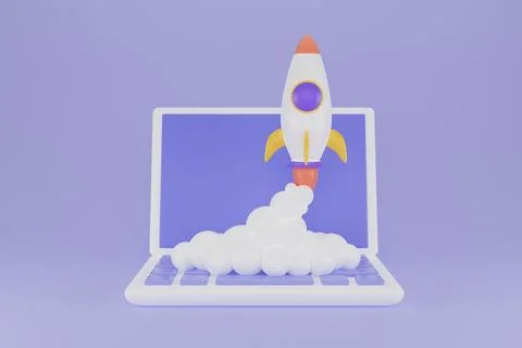 Rocket launch on laptop, flying rocket icon, business startup project concept Stock Illustration