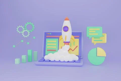 Rocket launch on laptop, flying rocket icon, business startup project concept Stock Illustration