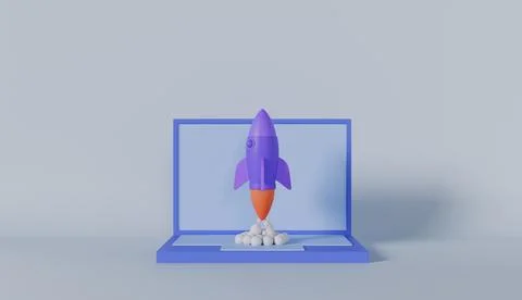 Rocket launch on laptop, flying rocket icon, business startup project concept Stock Photos