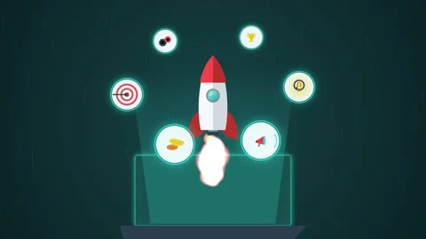 Rocket launch from laptop screen with digital business icons motion graphic.. Stock Footage 347220025