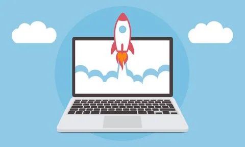 Rocket launch from laptop screen in the sky flying over clouds. Space ship in Stock Illustration