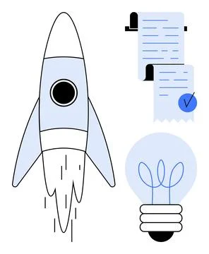 Rocket Launch with Light Bulb and Document - Creativity and Innovation Concep 스톡 일러스트