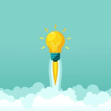 Rocket launch lightbulb in sky space. Creative startup concept. Vector illust 스톡 일러스트