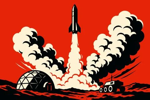 Rocket Launch on Mars with Habitat and Rover Stock-Illustration